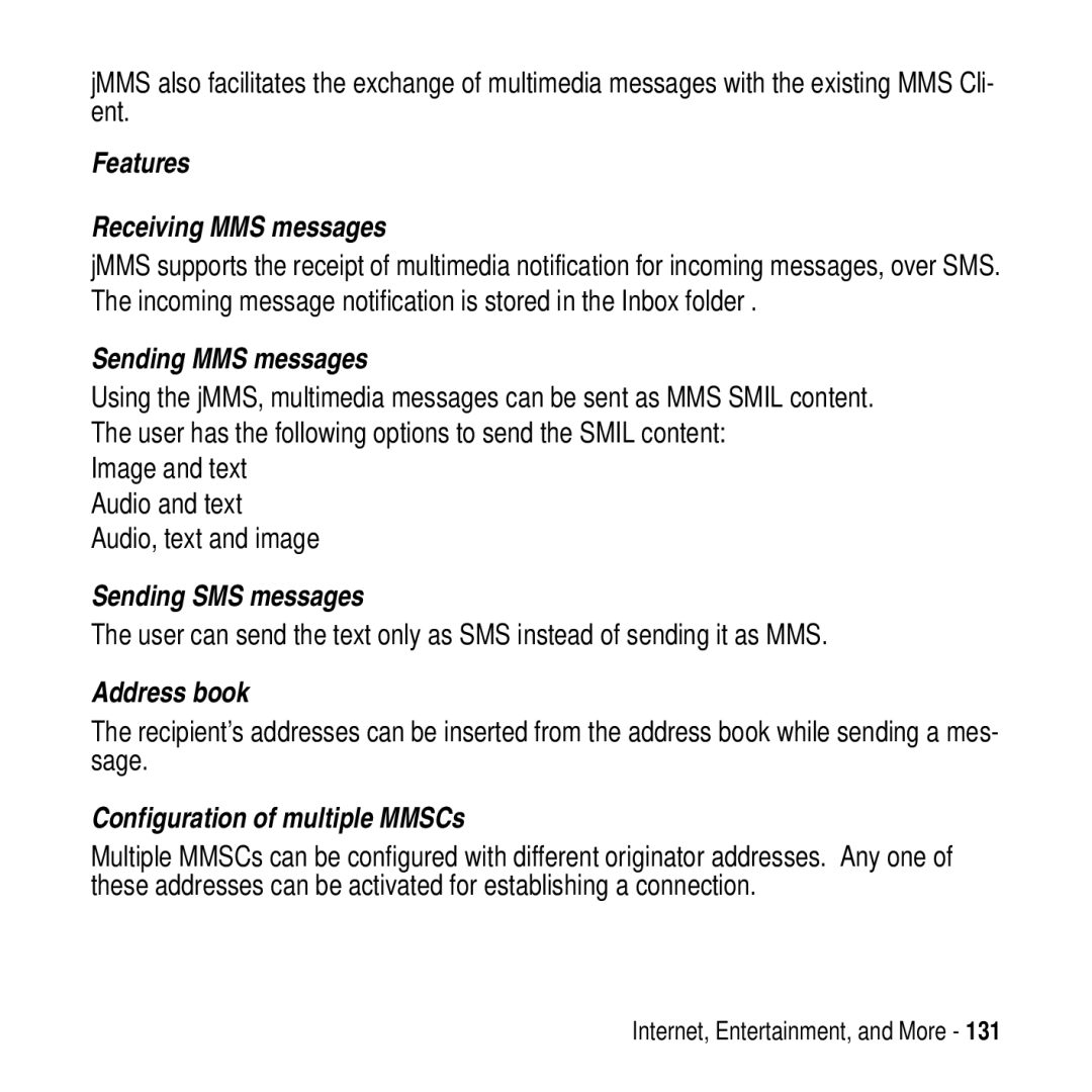 Motorola MPx200 manual Features Receiving MMS messages, Sending MMS messages, Sending SMS messages, Address book 