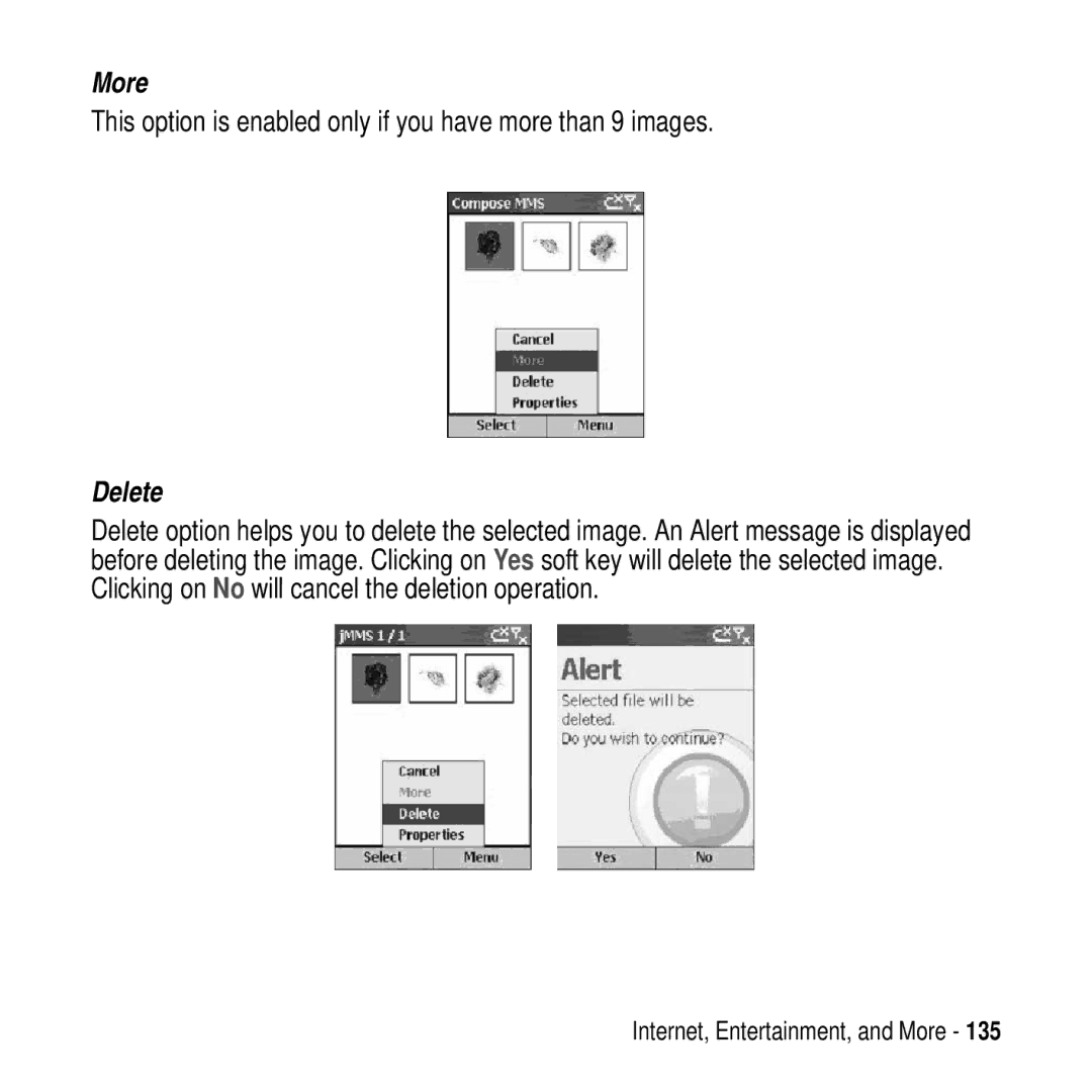 Motorola MPx200 manual More, This option is enabled only if you have more than 9 images, Delete 