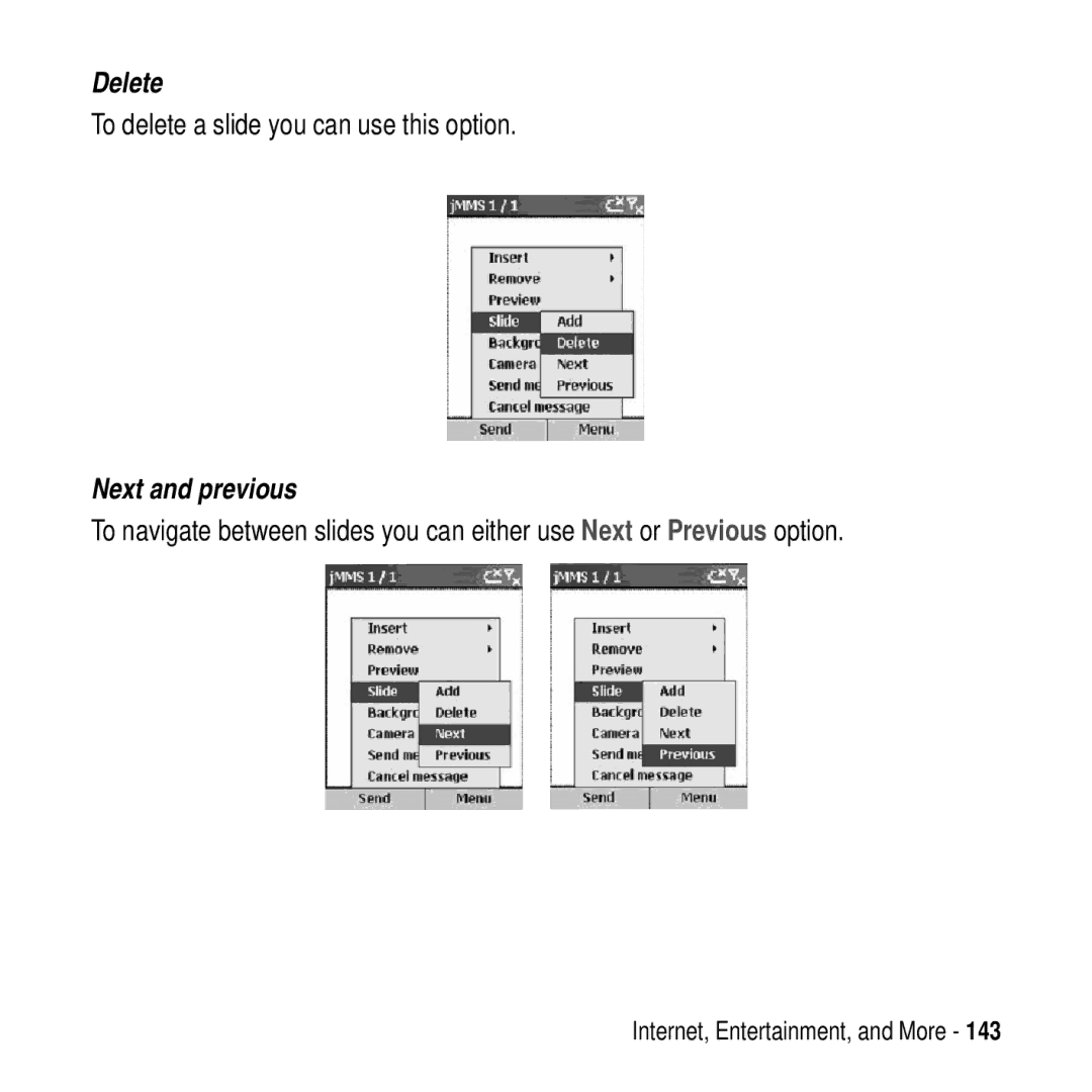 Motorola MPx200 manual To delete a slide you can use this option, Next and previous 