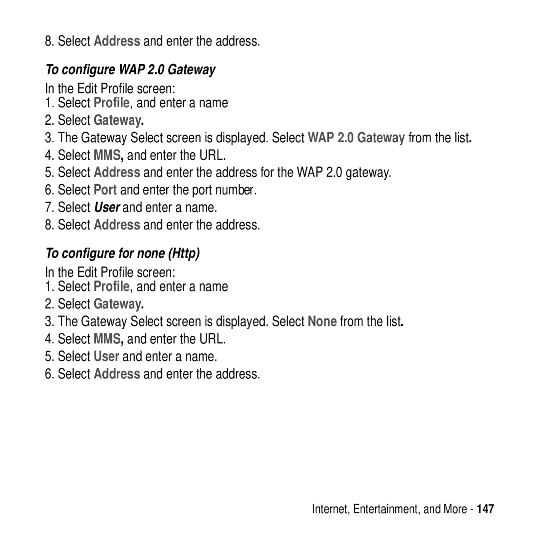 Motorola MPx200 manual Select Address and enter the address, To configure WAP 2.0 Gateway, To configure for none Http 