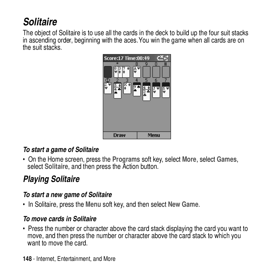 Motorola MPx200 manual Playing Solitaire, To start a game of Solitaire, To start a new game of Solitaire 