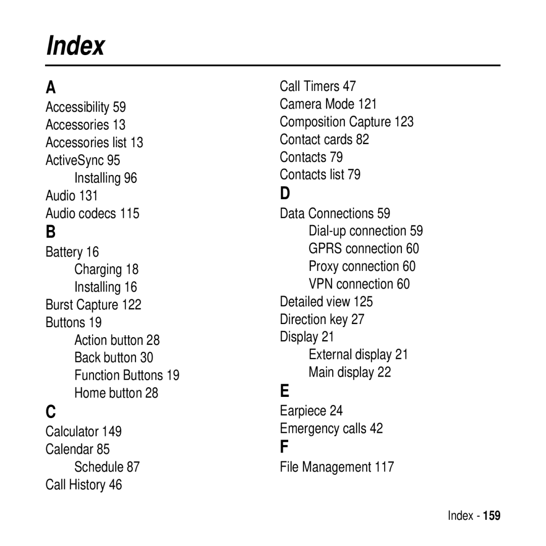 Motorola MPx200 manual Index, Burst Capture 122 Buttons, Earpiece Emergency calls File Management 