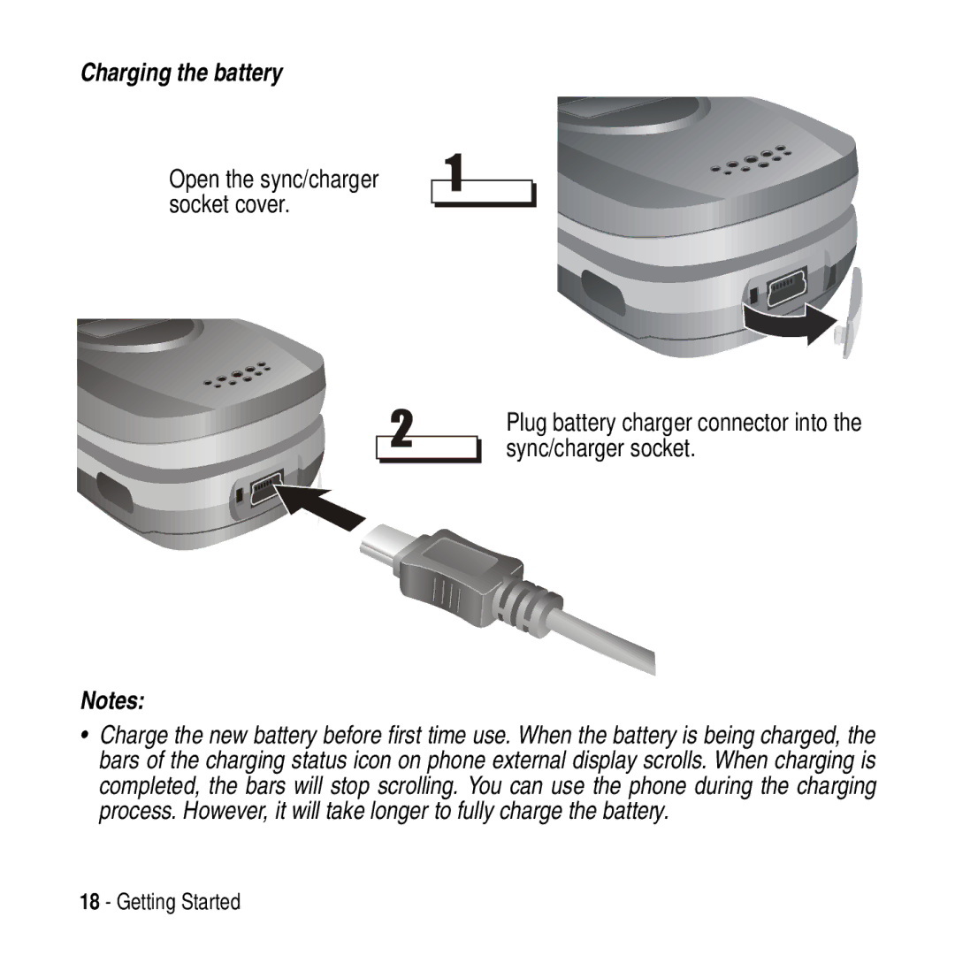 Motorola MPx200 manual Charging the battery, Plug battery charger connector into the sync/charger socket 