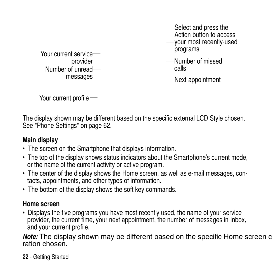 Motorola MPx200 manual Your current profile, Main display, Screen on the Smartphone that displays information, Home screen 