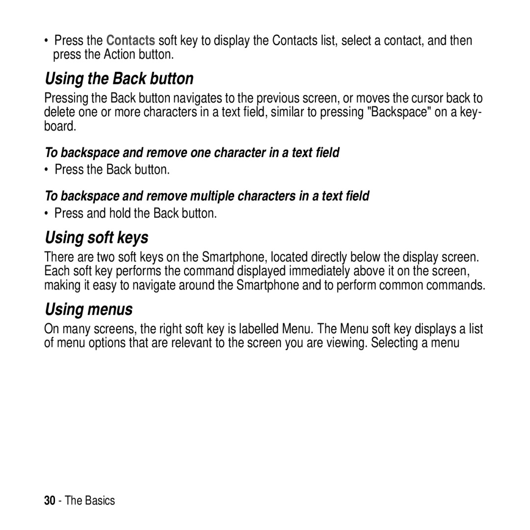 Motorola MPx200 Using the Back button, Using soft keys, Using menus, To backspace and remove one character in a text field 