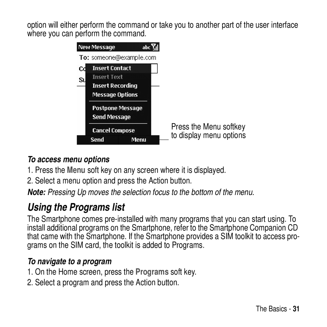 Motorola MPx200 manual Using the Programs list, To access menu options, To navigate to a program 