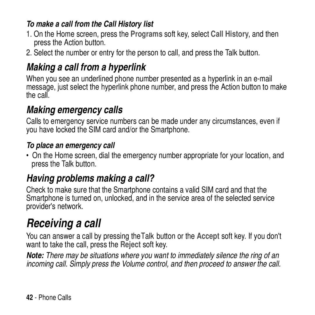 Motorola MPx200 Receiving a call, Making a call from a hyperlink, Making emergency calls, Having problems making a call? 