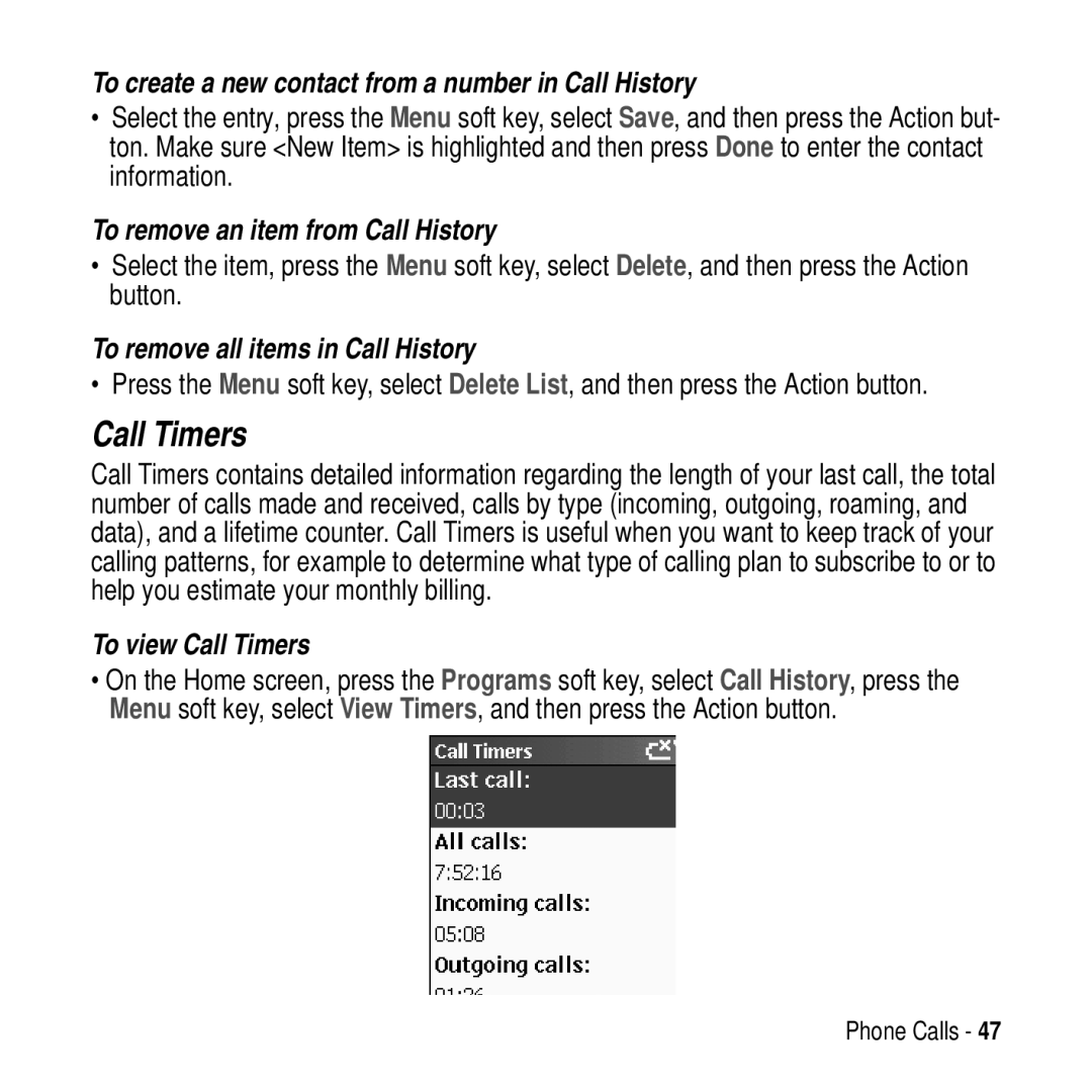 Motorola MPx200 Call Timers, To create a new contact from a number in Call History, To remove an item from Call History 