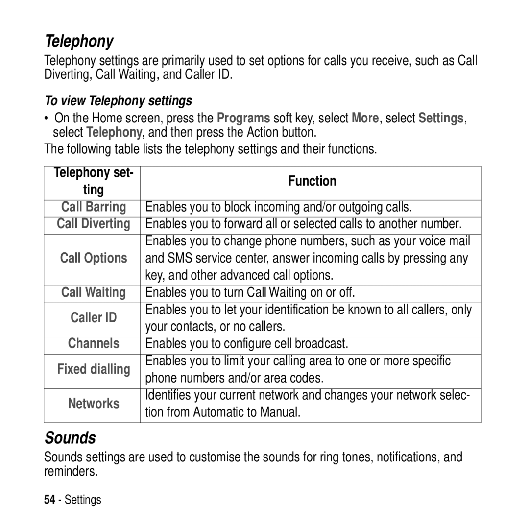 Motorola MPx200 manual Sounds, To view Telephony settings 