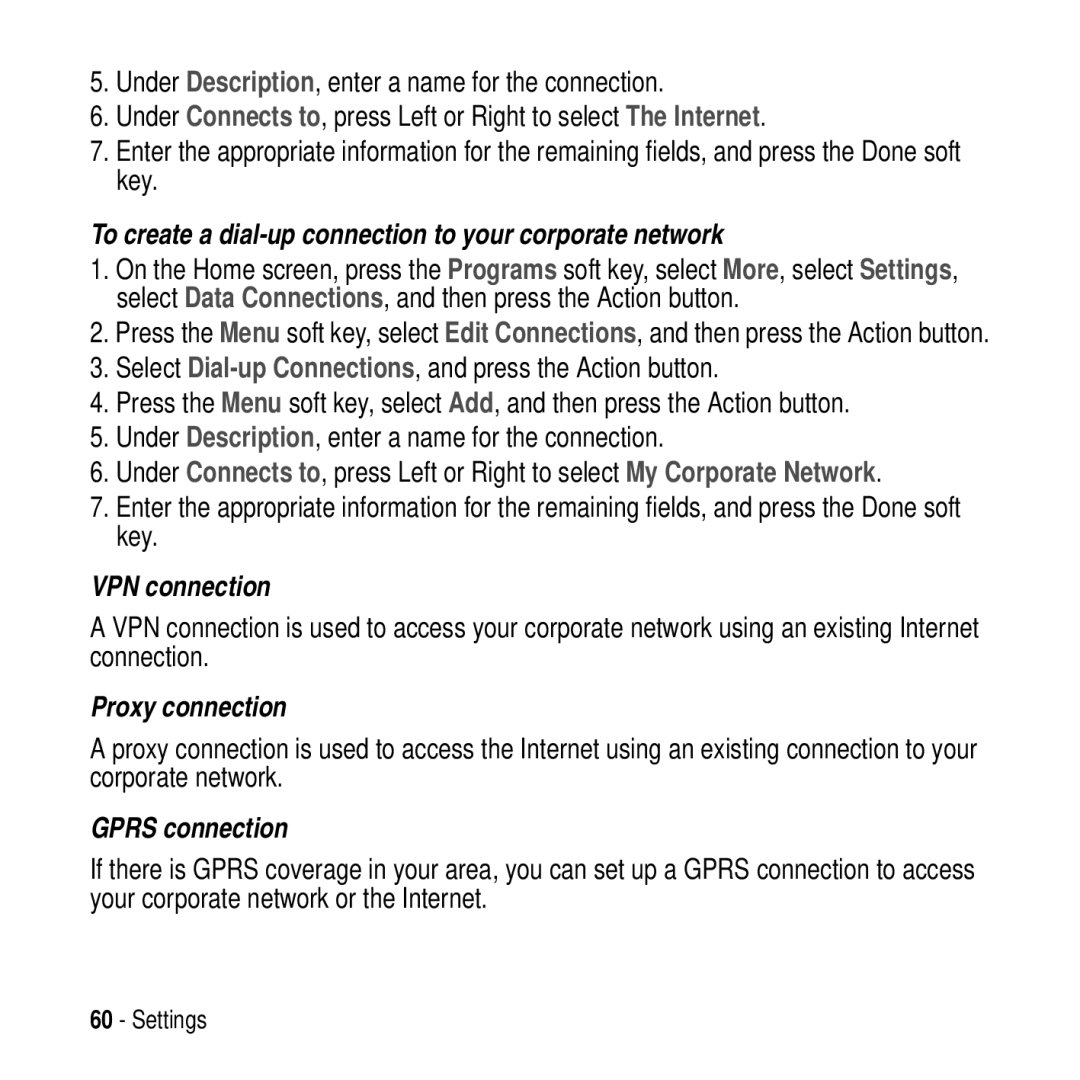 Motorola MPx200 manual To create a dial-up connection to your corporate network, VPN connection, Proxy connection 