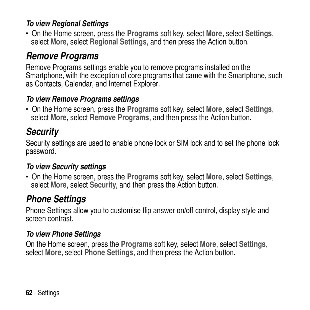 Motorola MPx200 manual Remove Programs, Security, Phone Settings 