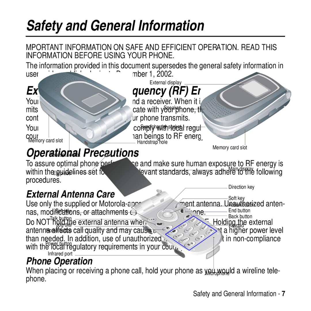 Motorola MPx200 Exposure To Radio Frequency RF Energy, Operational Precautions, External Antenna Care, Phone Operation 