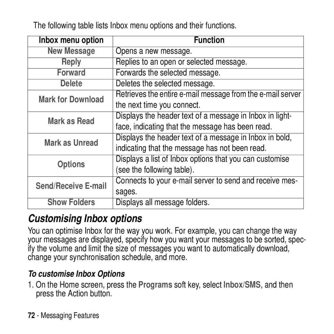 Motorola MPx200 manual Customising Inbox options, To customise Inbox Options 