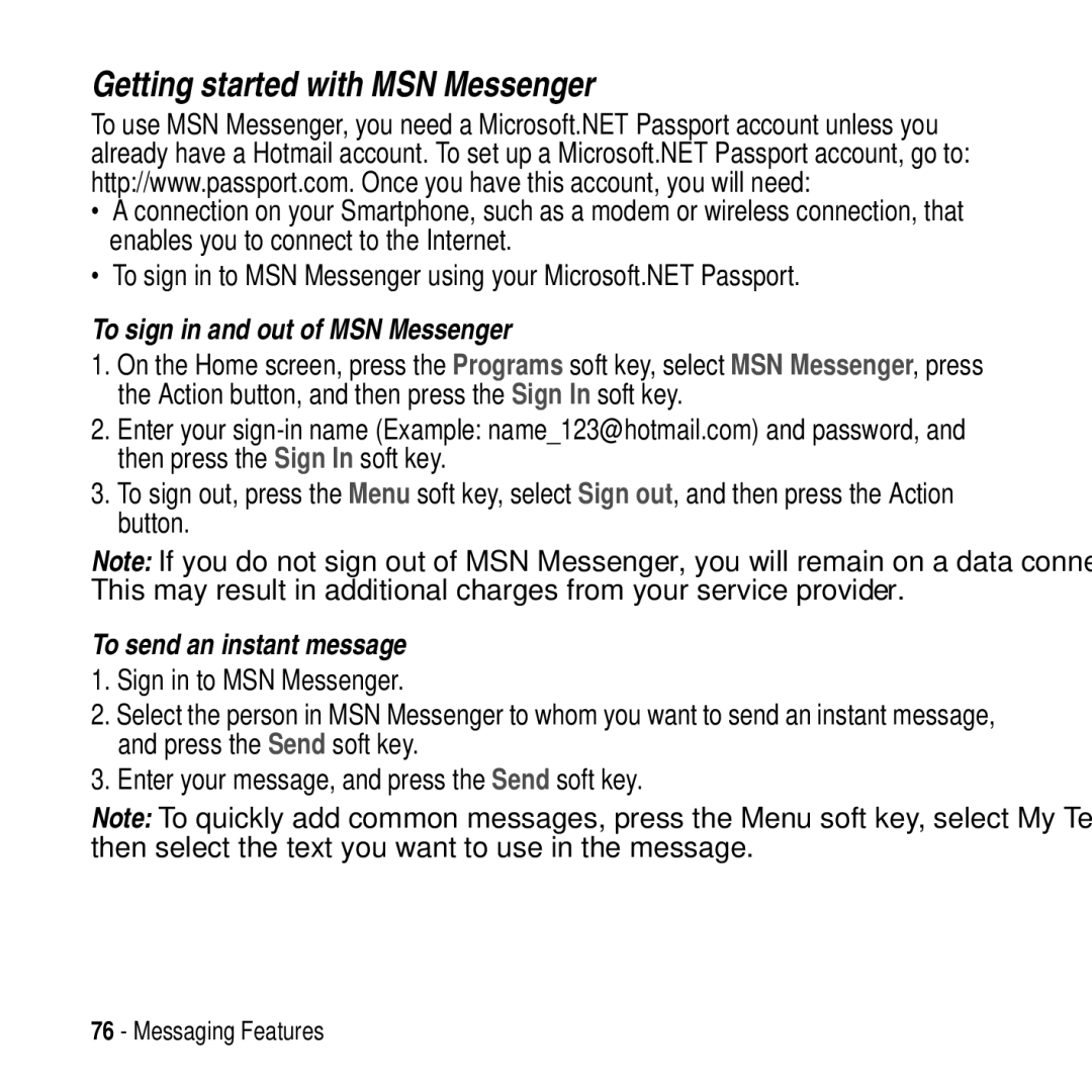 Motorola MPx200 manual Getting started with MSN Messenger, To sign in and out of MSN Messenger, To send an instant message 