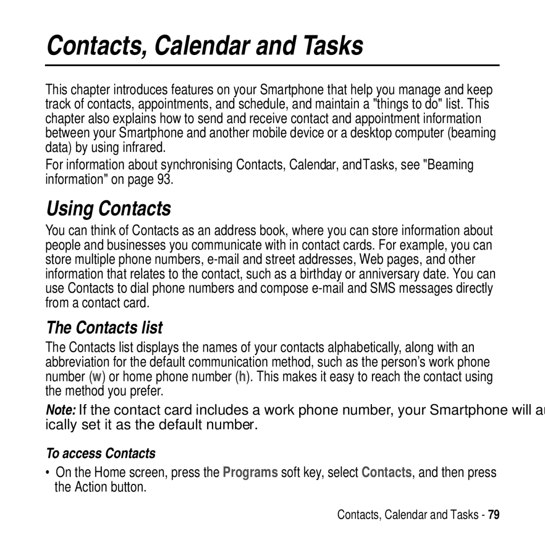 Motorola MPx200 manual Contacts, Calendar and Tasks, Using Contacts, Contacts list, To access Contacts 