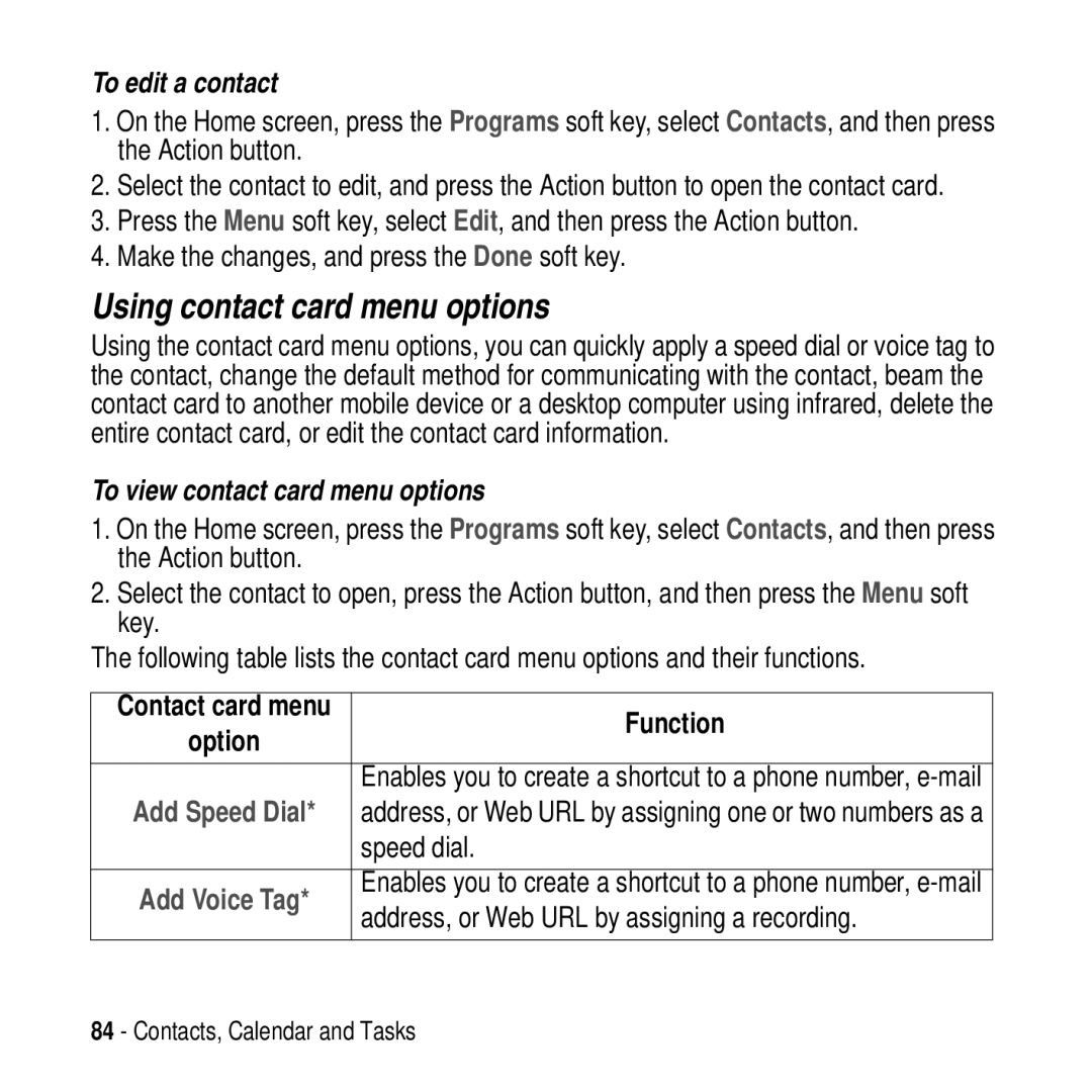 Motorola MPx200 manual Using contact card menu options, To edit a contact, To view contact card menu options, Speed dial 