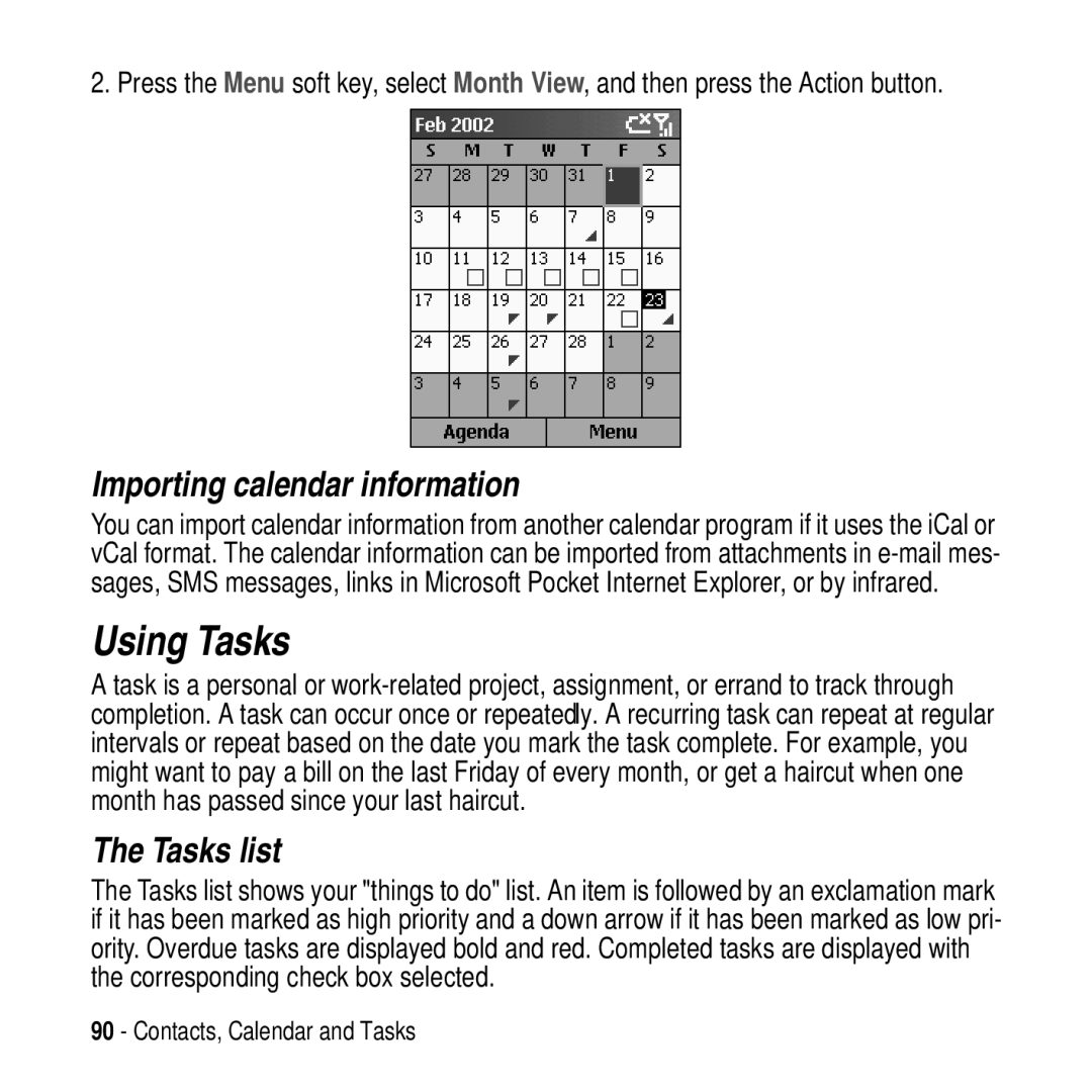 Motorola MPx200 manual Using Tasks, Importing calendar information, Tasks list 