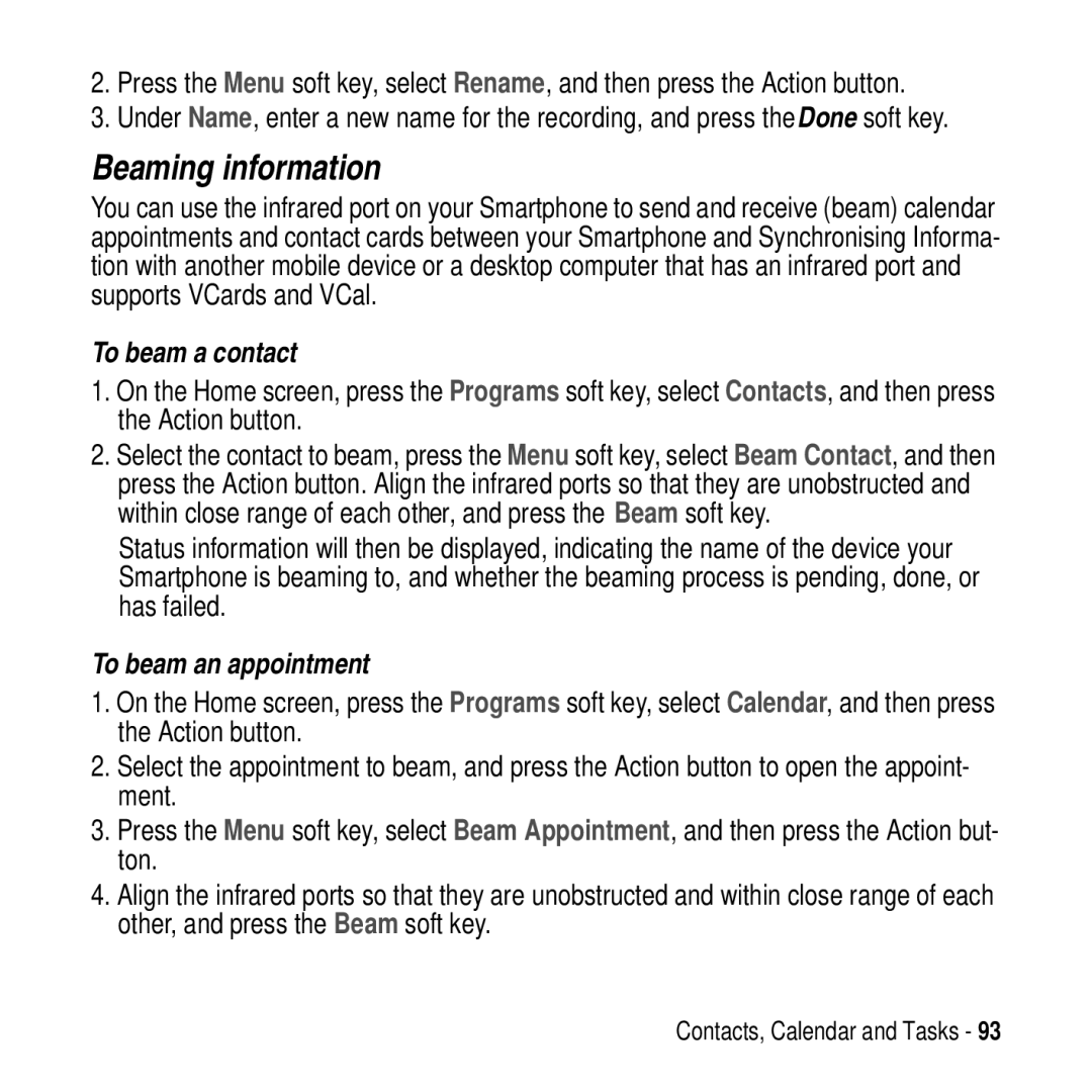 Motorola MPx200 manual Beaming information, To beam a contact, To beam an appointment 