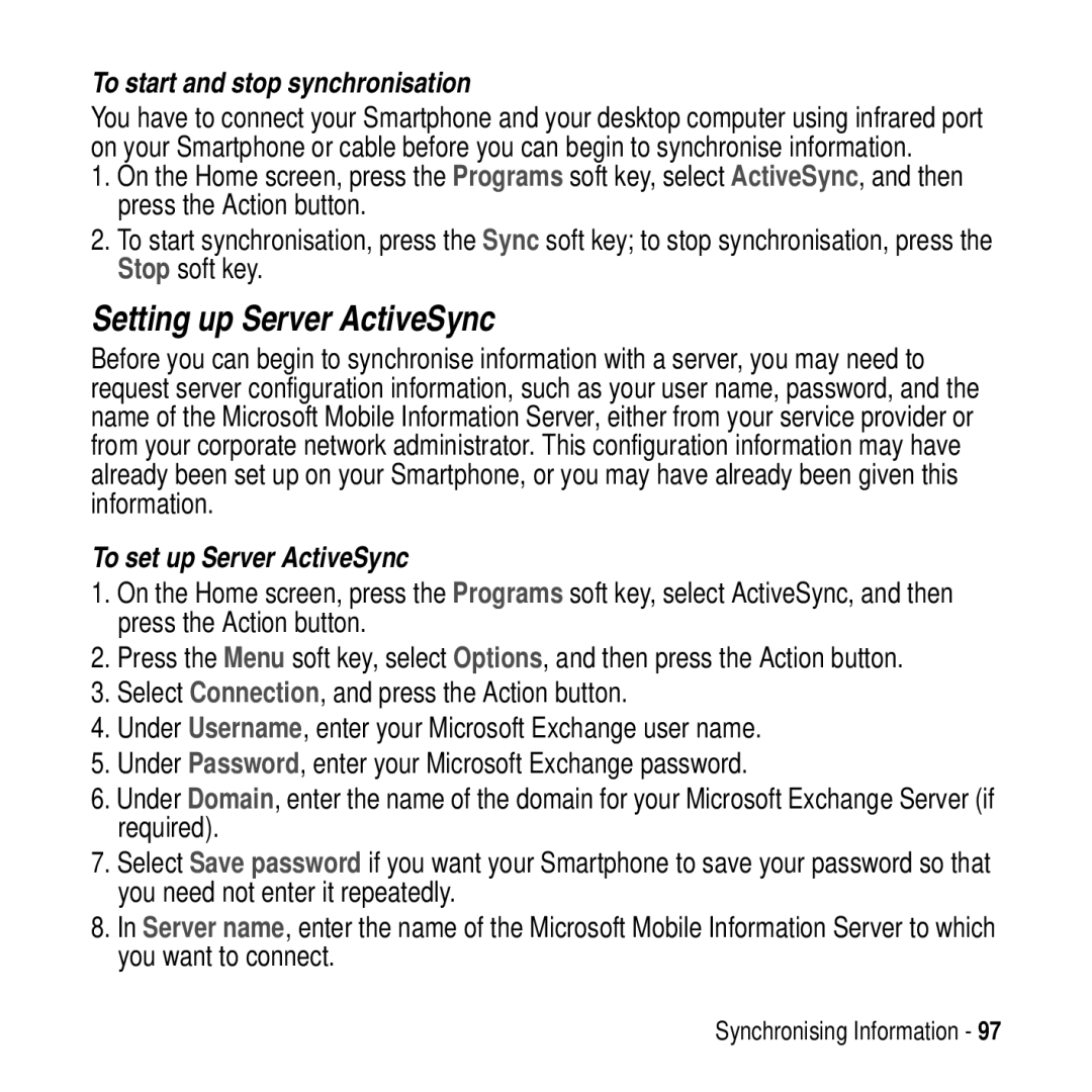 Motorola MPx200 manual Setting up Server ActiveSync, To start and stop synchronisation, To set up Server ActiveSync 