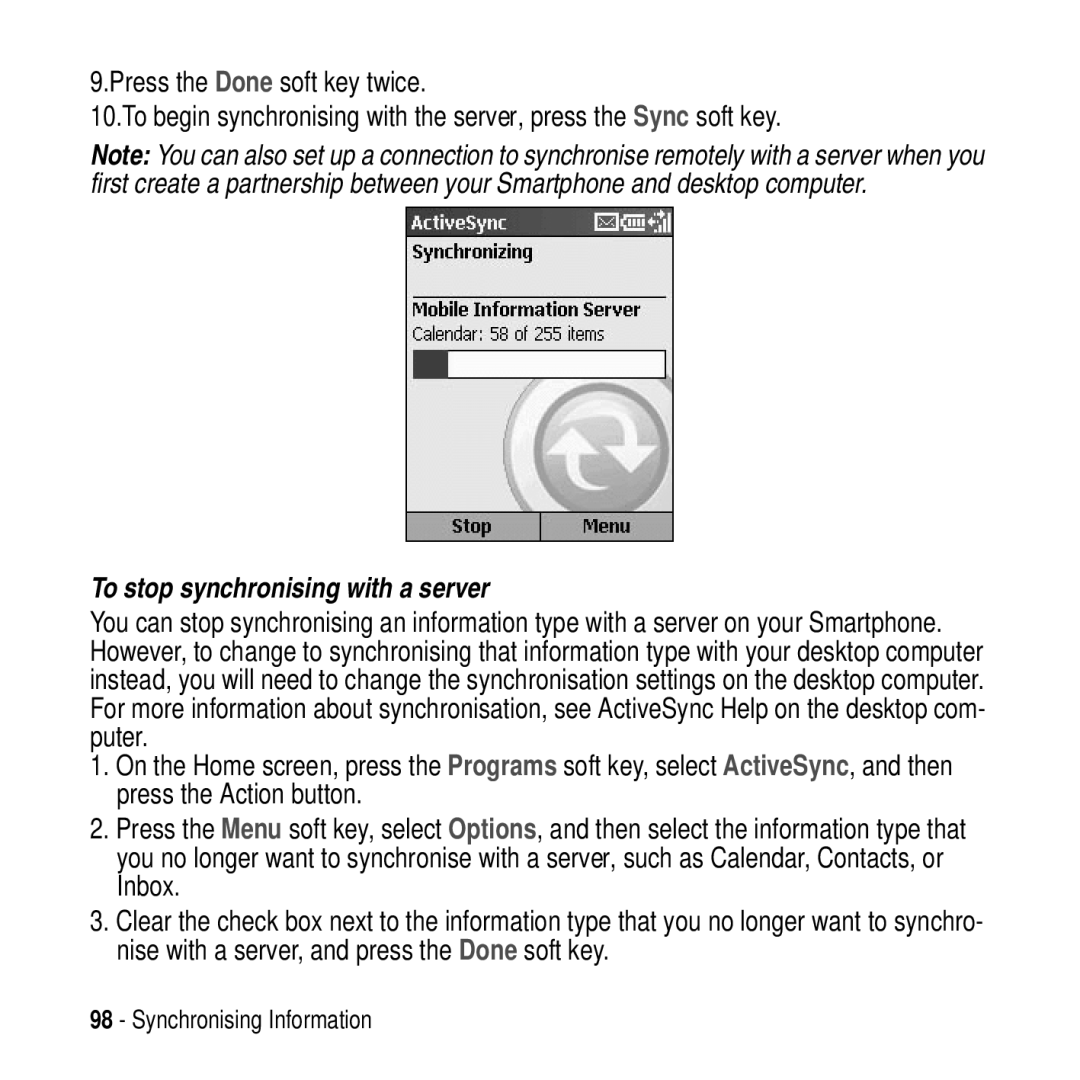 Motorola MPx200 manual To stop synchronising with a server 