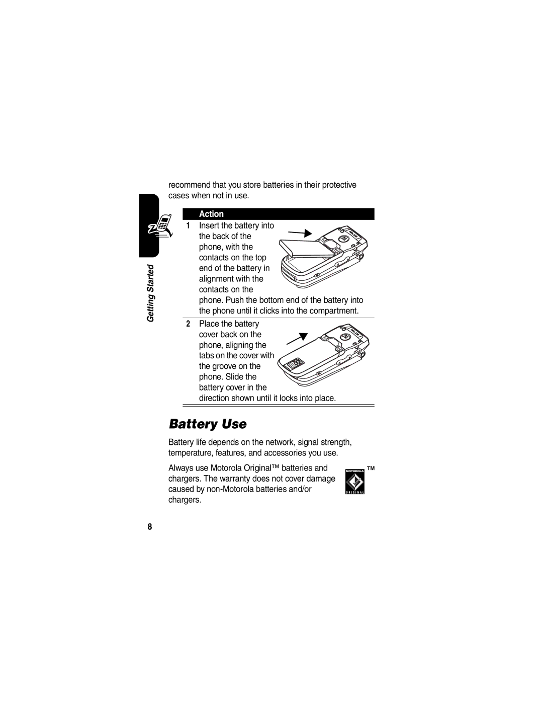 Motorola MPx220 manual Battery Use, Insert the battery into, Place the battery, Direction shown until it locks into place 