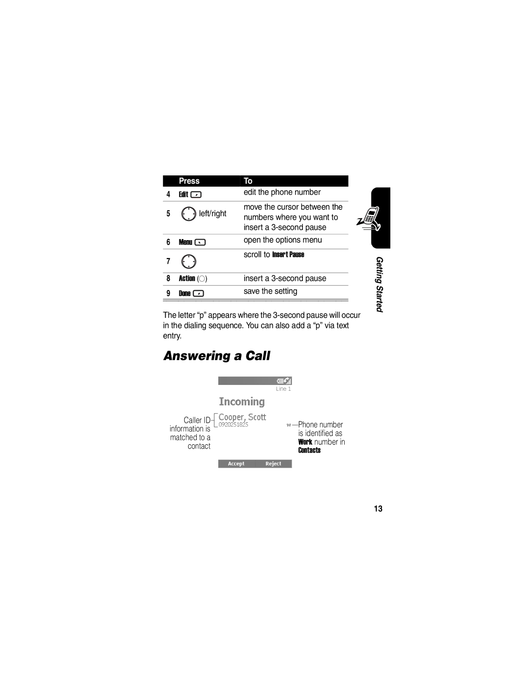 Motorola MPx220 manual Answering a Call, Edit, Menu, Scroll to Insert Pause, Done 