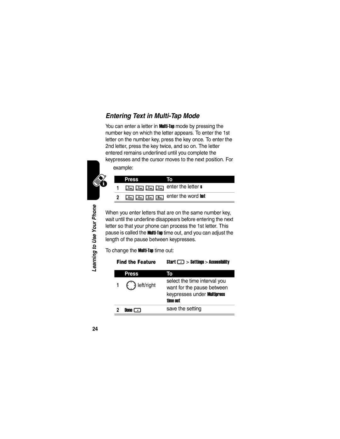 Motorola MPx220 manual Example, Enter the letter s Enter the word hat, To change the Multi-Taptime out, Time out Done 