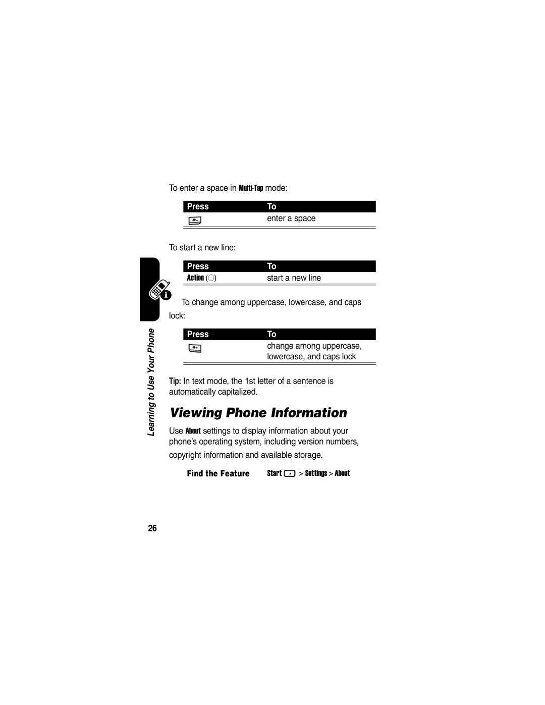 Motorola MPx220 Viewing Phone Information, To enter a space in Multi-Tapmode, Copyright information and available storage 