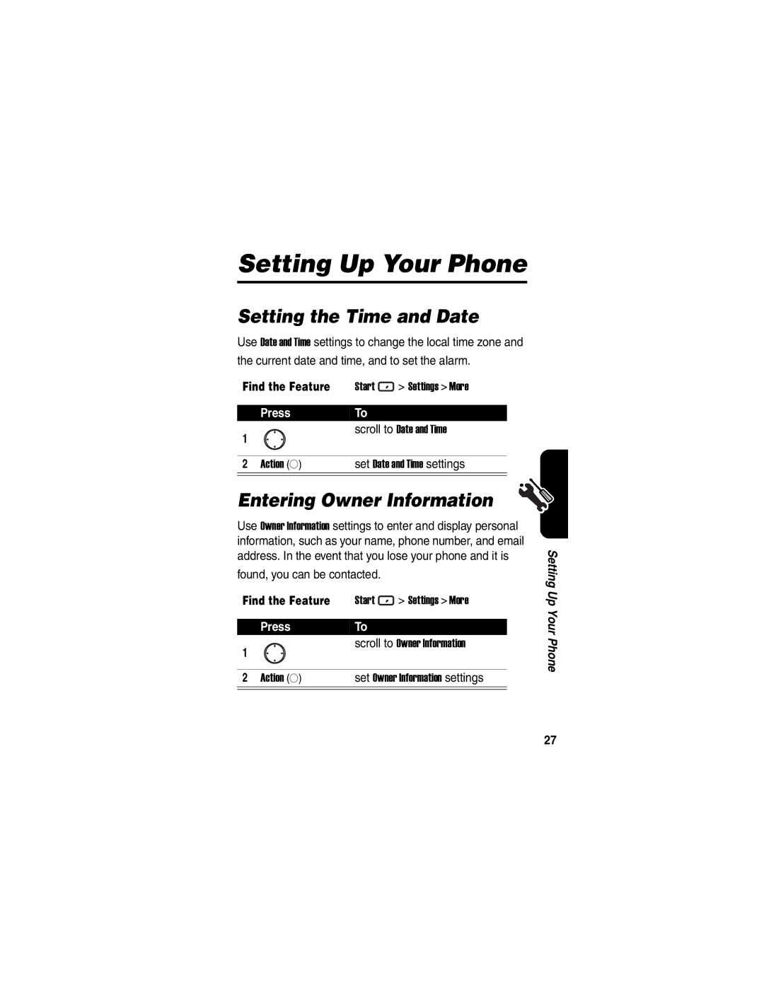 Motorola MPx220 manual Setting the Time and Date, Entering Owner Information, Find the Feature Start Settings More 