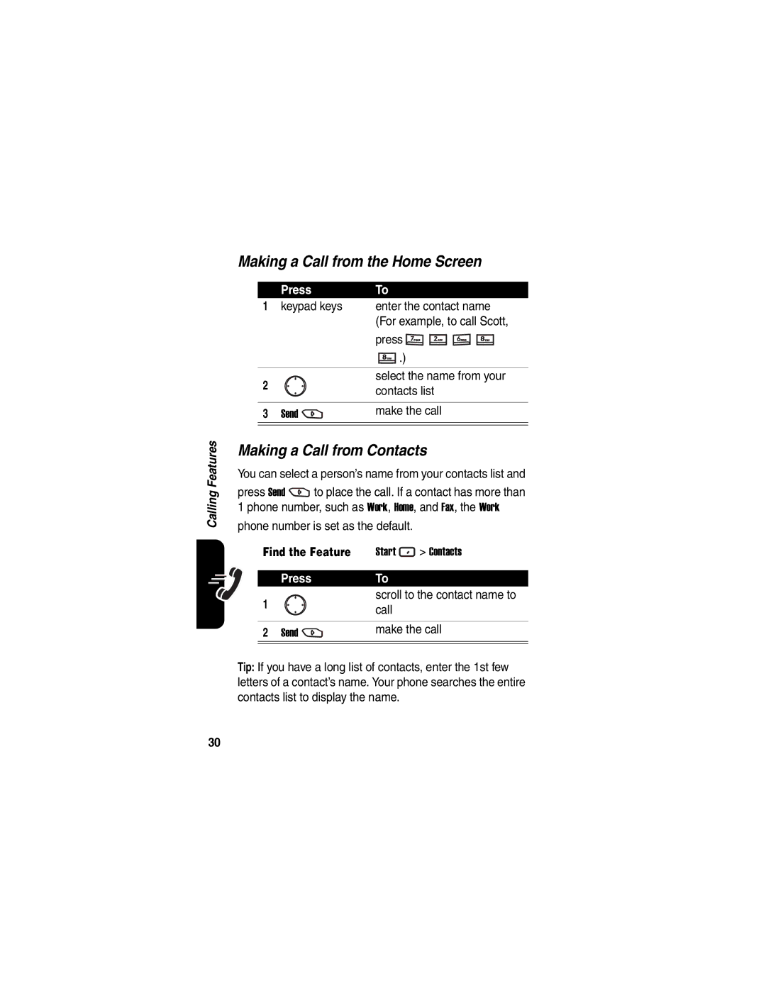 Motorola MPx220 manual Contacts list, Make the call 