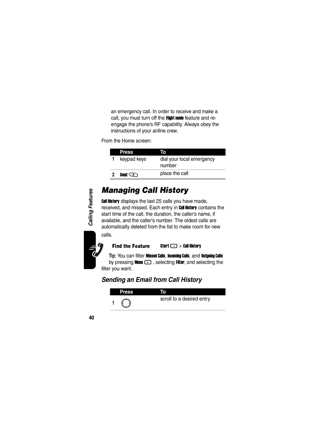 Motorola MPx220 manual Managing Call History 