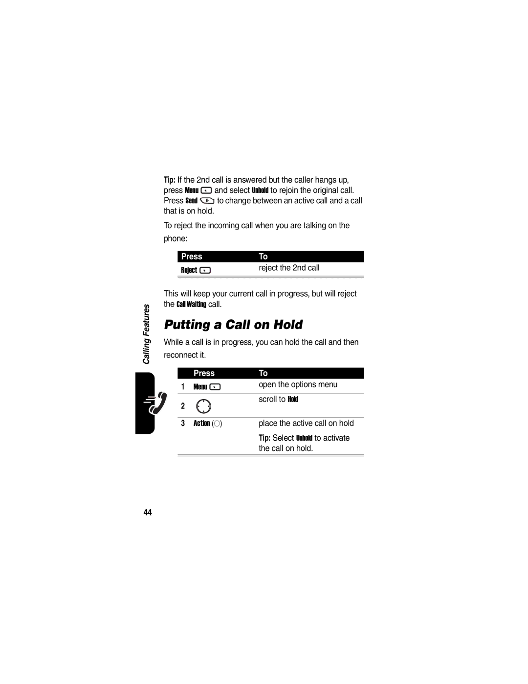 Motorola MPx220 manual Putting a Call on Hold, Scroll to Hold, Call on hold 