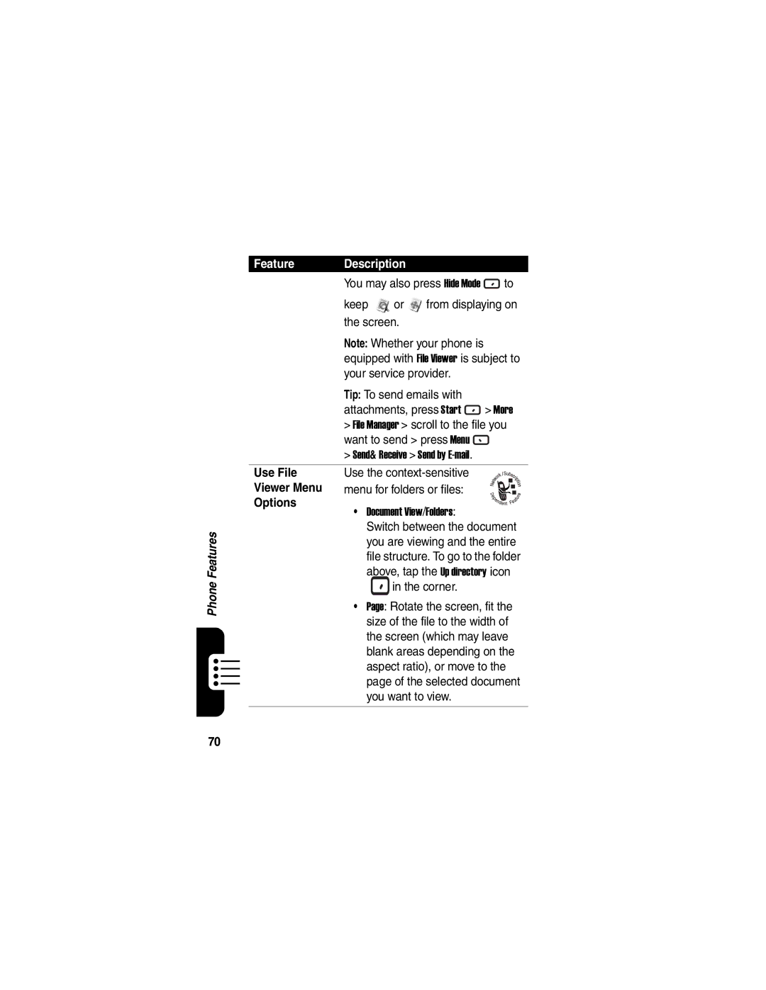 Motorola MPx220 manual Send& Receive Send by E-mail, Use File, Viewer Menu, Options, Document View/Folders 