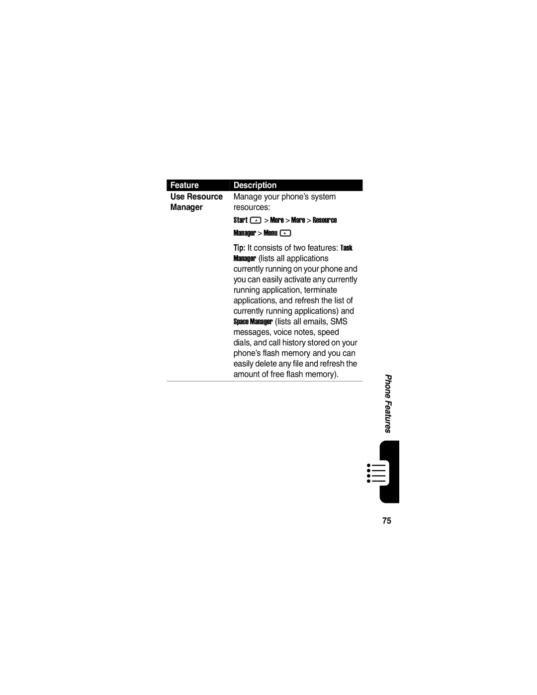 Motorola MPx220 manual Use Resource Manage your phone’s system Manager resources, Start More More Resource Manager Menu 