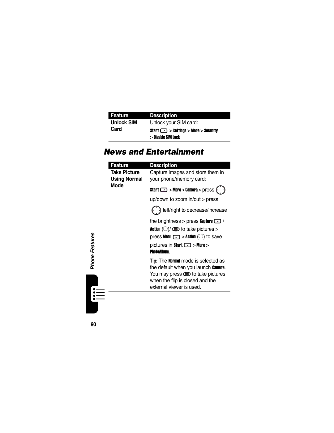 Motorola MPx220 manual News and Entertainment, Unlock SIM, Mode 