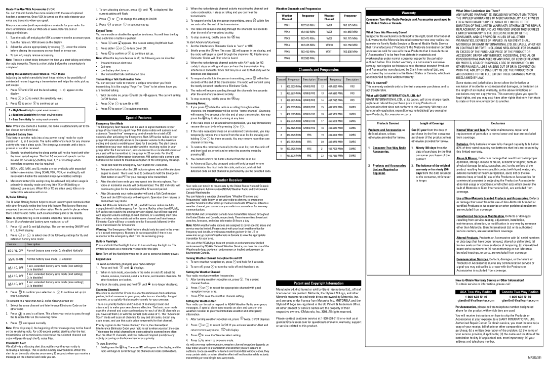 Motorola MR351 Special Features, Channels and Frequencies, Warranty, Weather Receiver, Patent and Copyright Information 