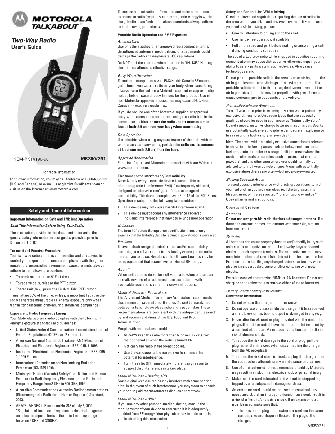 Motorola MR350RVP, MR351, 53724 technical specifications Safety and General Information 