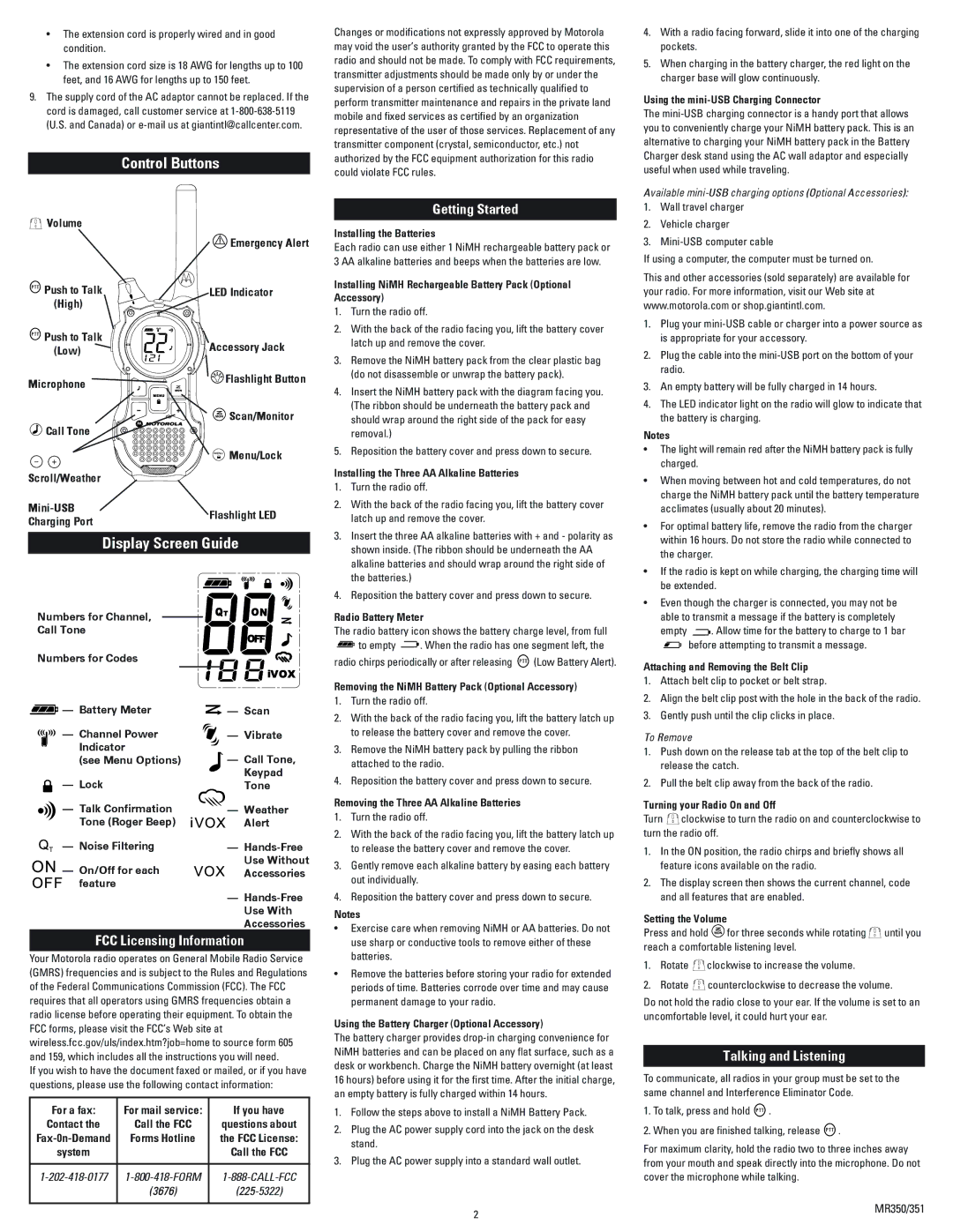 Motorola MR351, MR350RVP, 53724 technical specifications FCC Licensing Information, Getting Started, Talking and Listening 