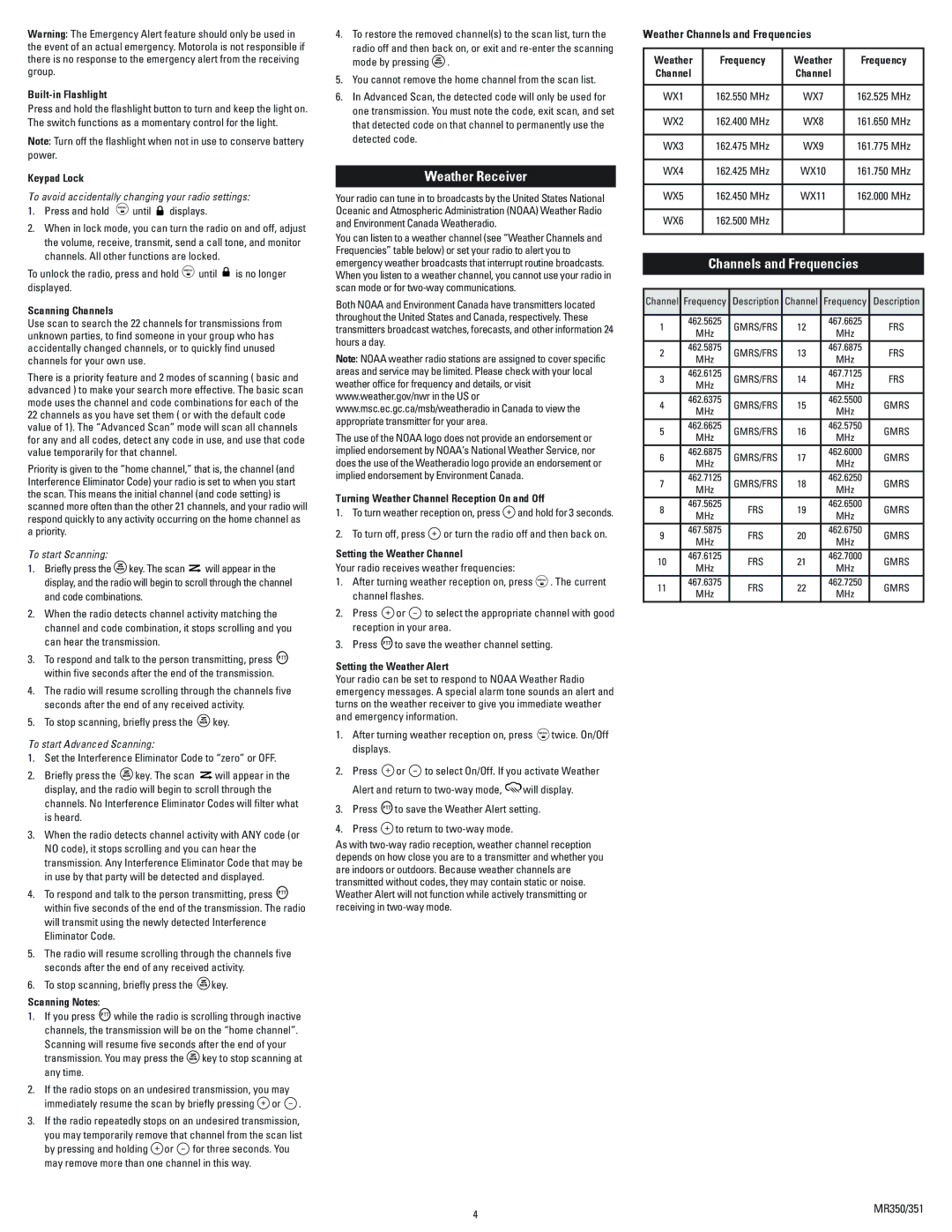 Motorola 53724, MR350RVP, MR351 technical specifications Weather Receiver, Channels and Frequencies 