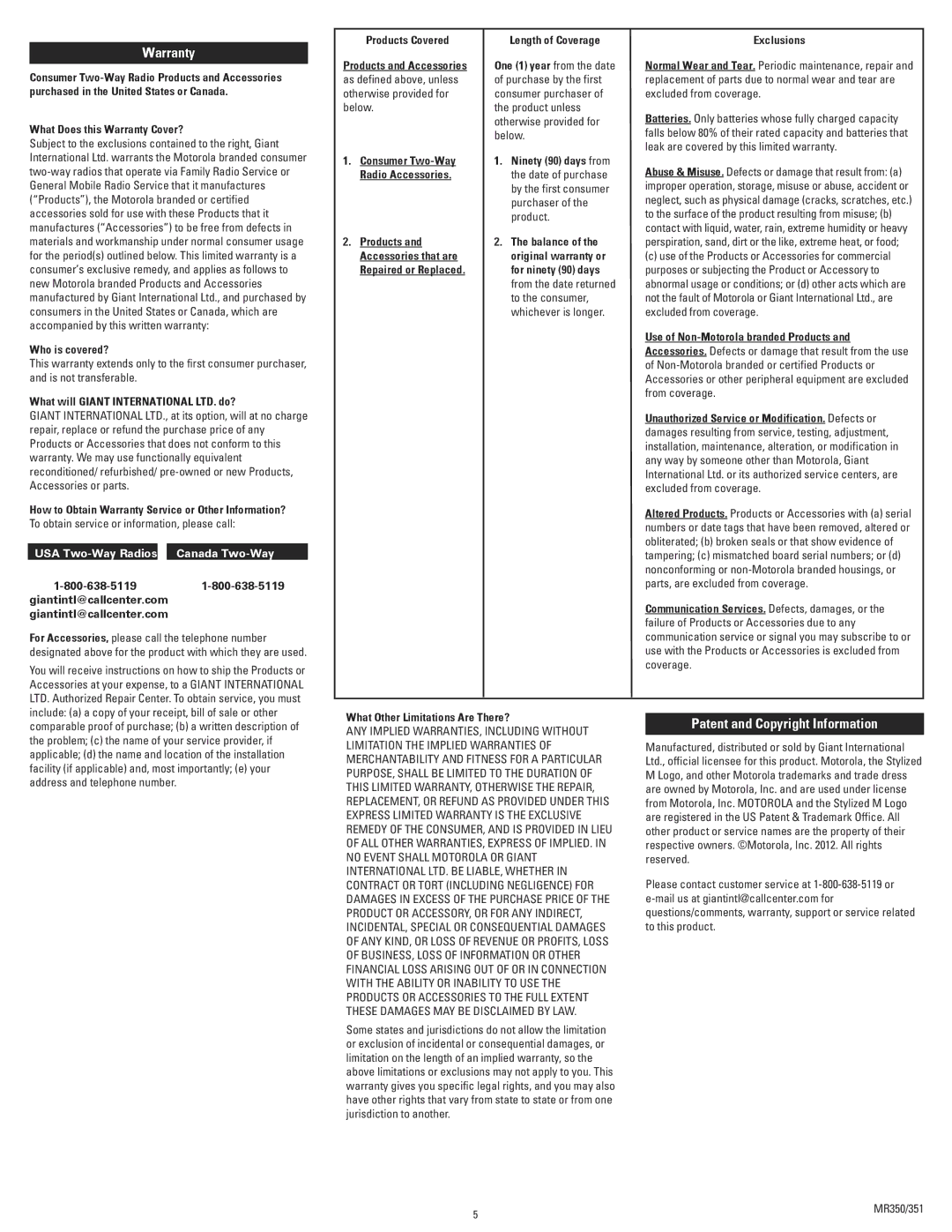 Motorola MR350RVP, MR351, 53724 technical specifications Warranty, Patent and Copyright Information 