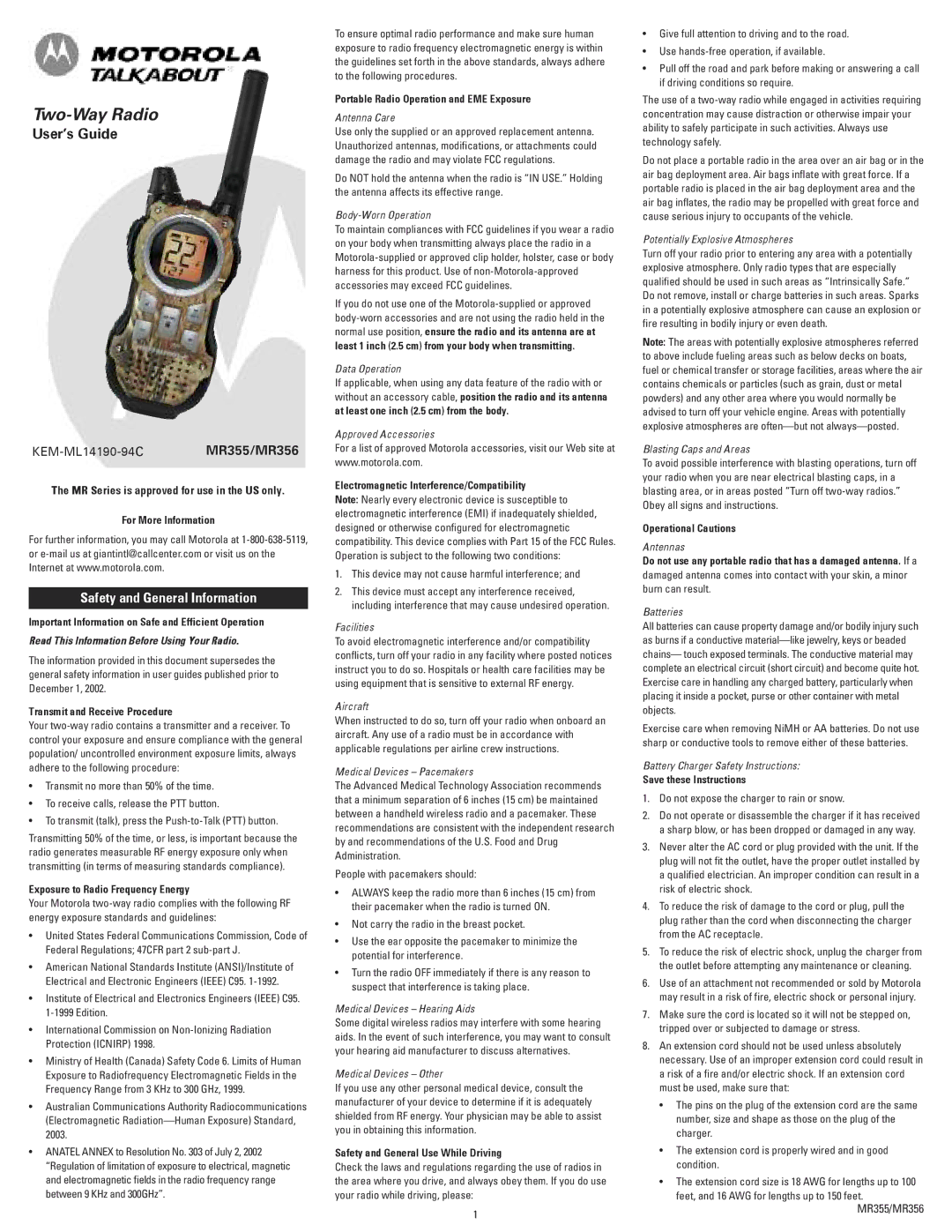 Motorola MR355R manual Safety and General Information 