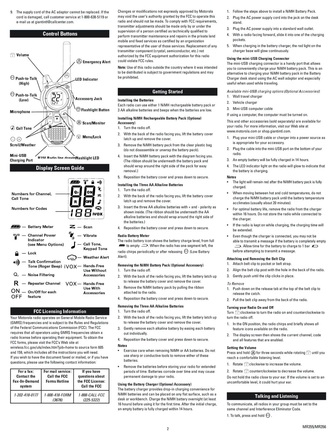 Motorola MR355R manual FCC Licensing Information, Getting Started, Talking and Listening 