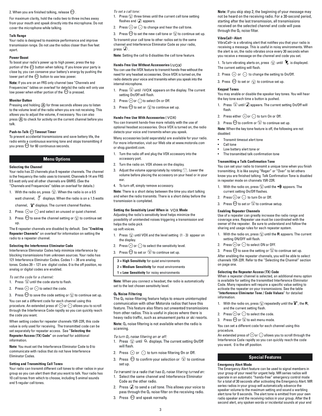 Motorola MR355R manual Menu Options, Special Features 