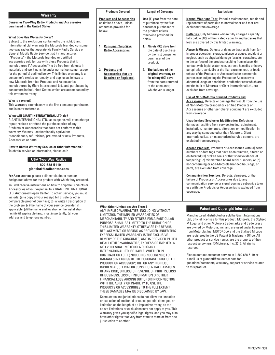 Motorola MR355R manual Warranty, Patent and Copyright Information 