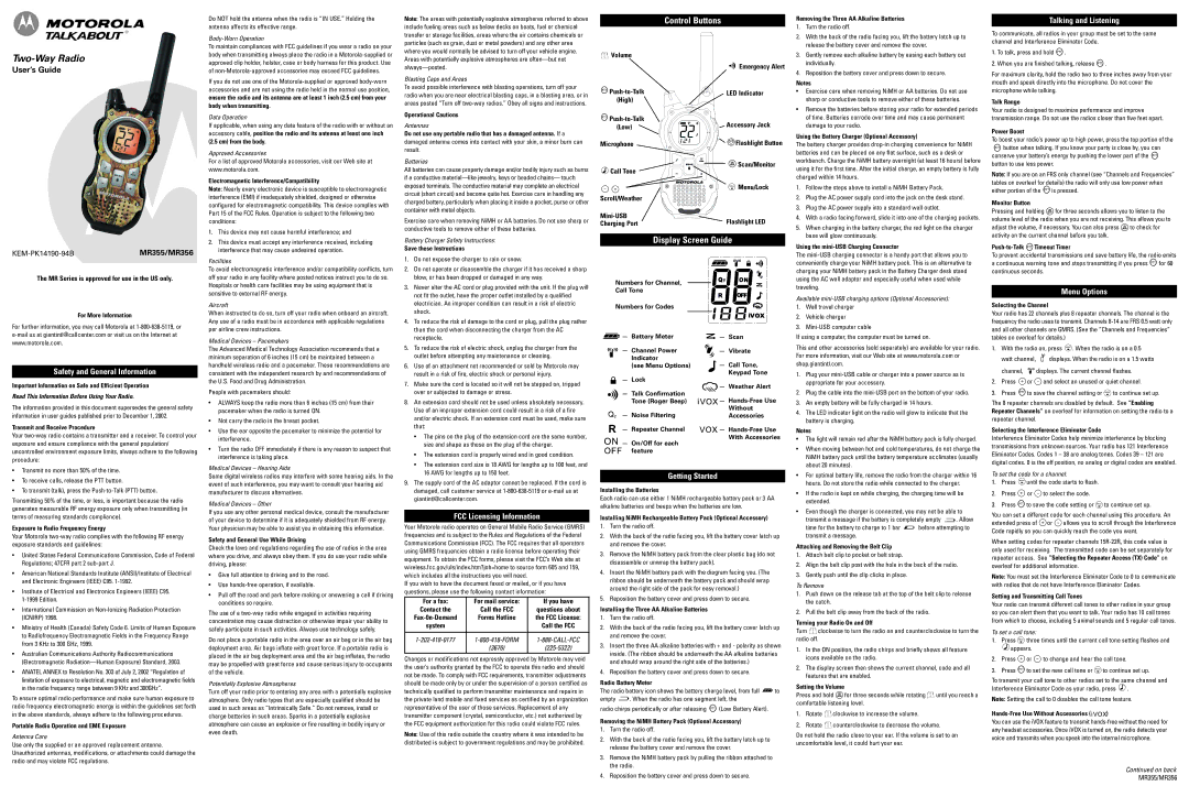 Motorola MR355 manual Safety and General Information, FCC Licensing Information, Getting Started, Talking and Listening 