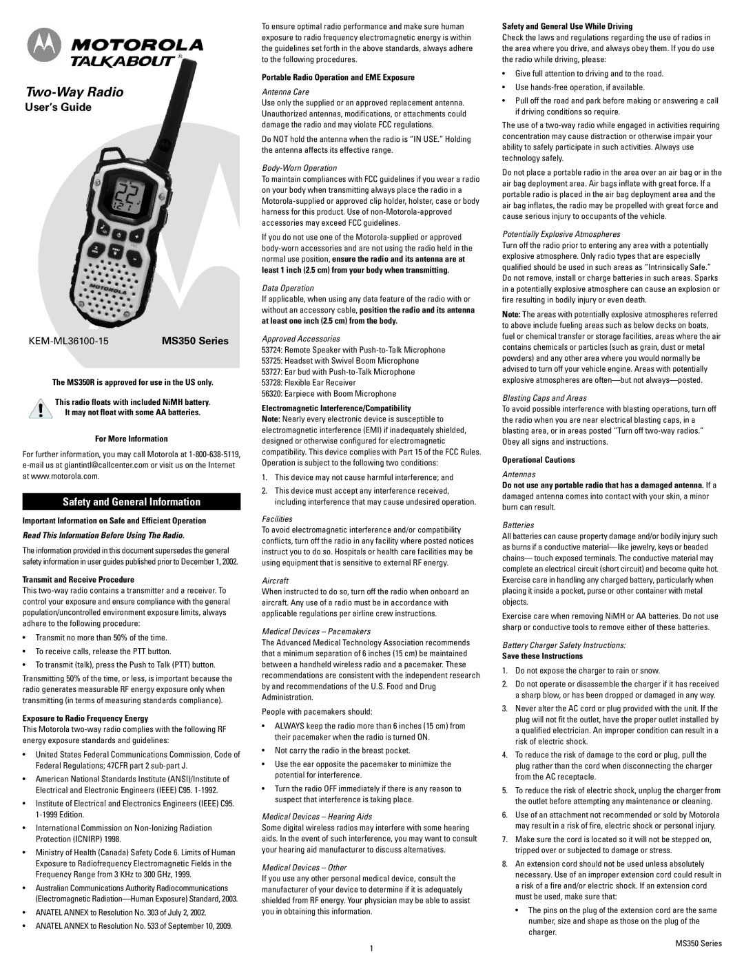 Motorola MS350R, MOT-MS355R, KEM-ML36100-15 manual Safety and General Information 