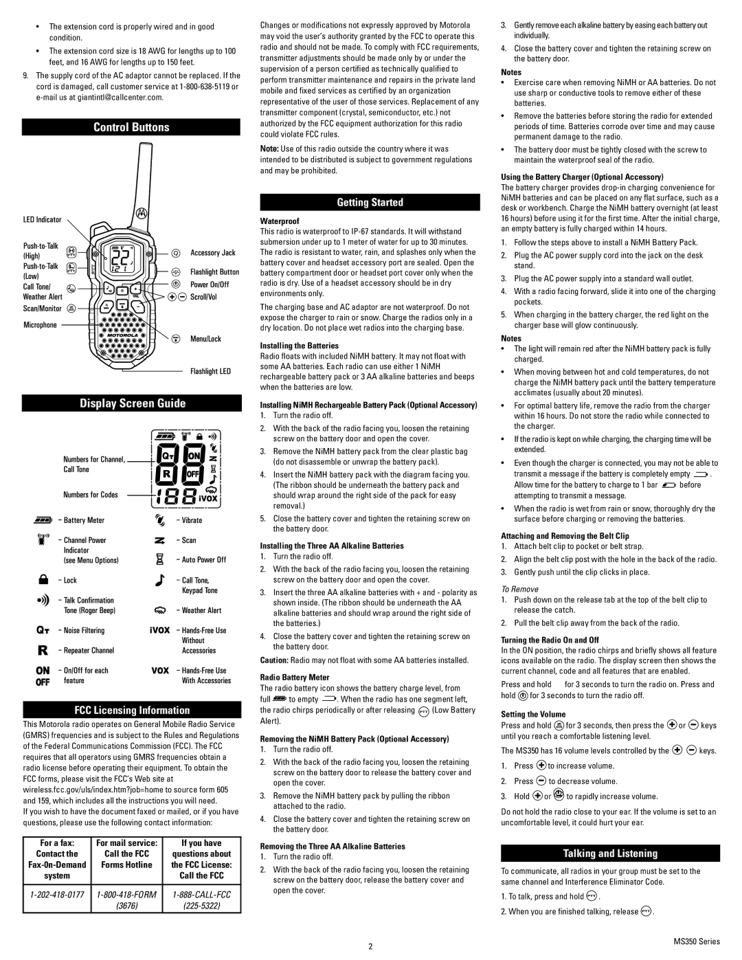 Motorola MOT-MS355R, MS350R manual FCC Licensing Information, Getting Started, Talking and Listening, For a fax, If you have 