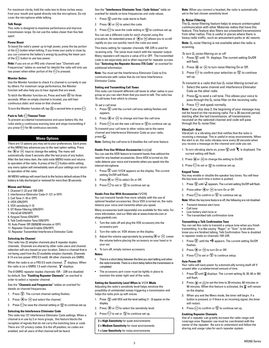 Motorola KEM-ML36100-15, MS350R, MOT-MS355R manual Menu Options, QT Noise Filtering 