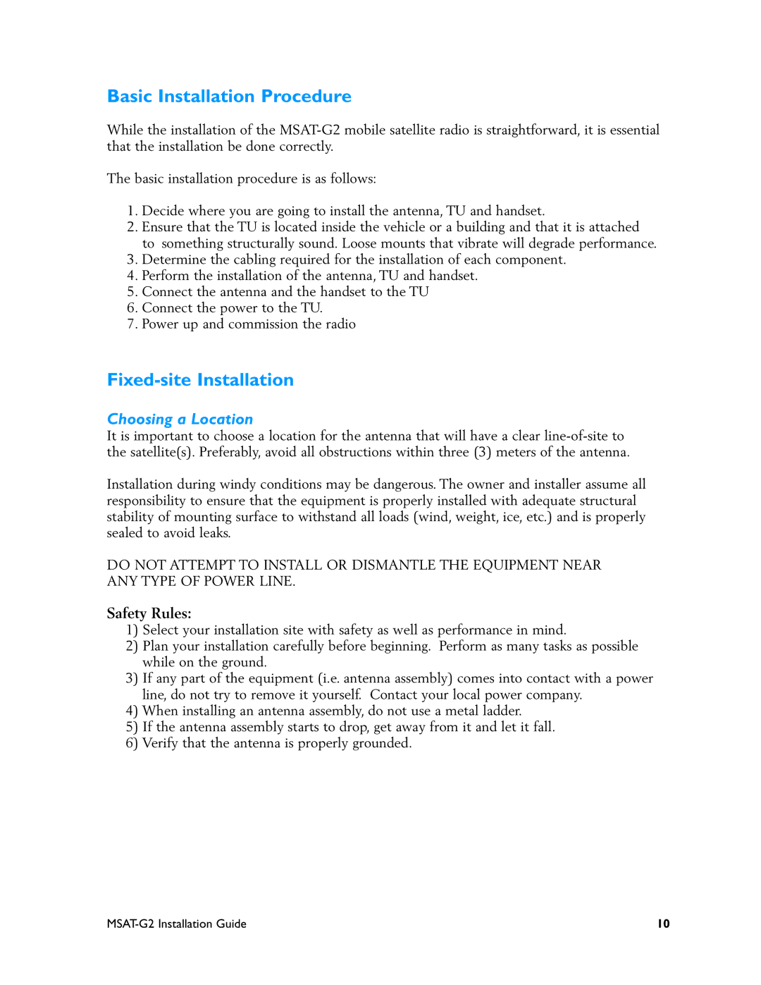 Motorola MSAT-G2 manual Basic Installation Procedure, Fixed-site Installation, Choosing a Location 