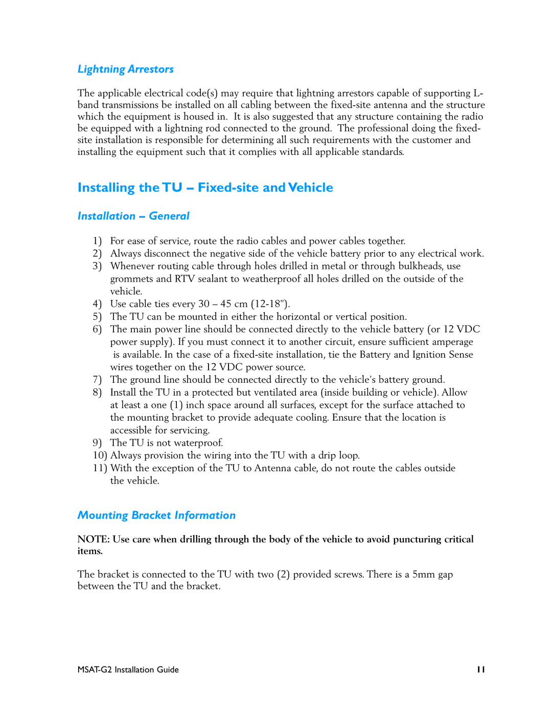 Motorola MSAT-G2 manual Installing the TU Fixed-site and Vehicle, Lightning Arrestors, Installation General 